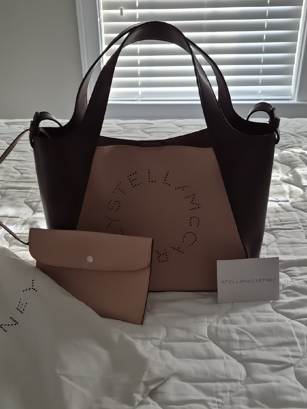 Stella McCartney Blush Pink and Bordeaux Perforated Logo Tote with Pouch